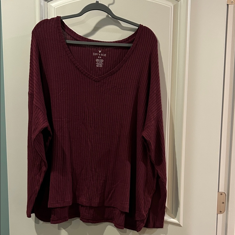American Eagle Outfitters Burgundy Ribbed Long Sleeve Tee
